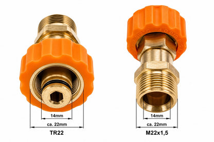 Zweiteiliger Hochdruckadapter TR22 IG auf M22 × 1,5 AG – Detailansicht