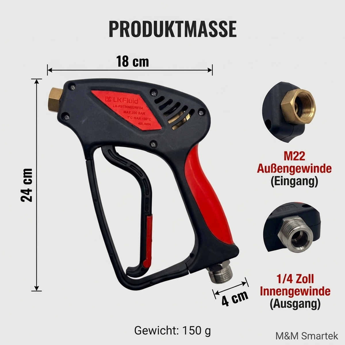 Hochdruckpistole 350 bar – M22 AG auf 1/4 Zoll IG – Detailansicht
