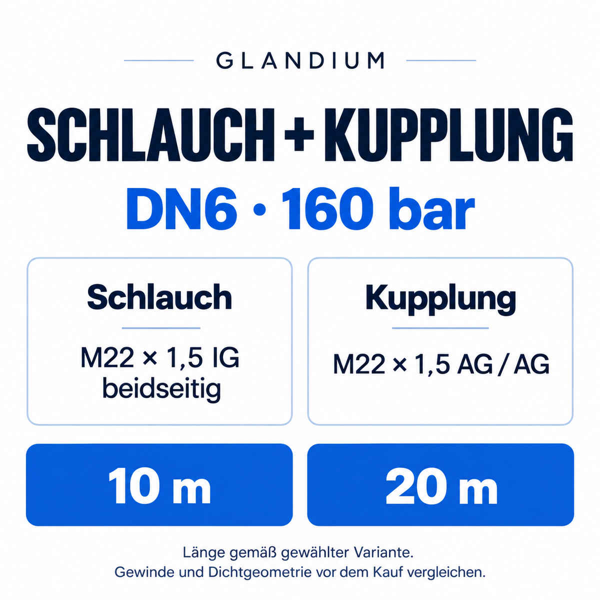 Schlauchset DN6, 160 bar: Schlauch beidseitig M22 × 1,5 Innengewinde, separate Kupplung mit M22 × 1,5 Außengewinde beidseitig. Längen 10 oder 20 m gemäß Variante.
