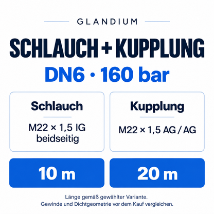 Schlauchset DN6, 160 bar: Schlauch beidseitig M22 × 1,5 Innengewinde, separate Kupplung mit M22 × 1,5 Außengewinde beidseitig. Längen 10 oder 20 m gemäß Variante.