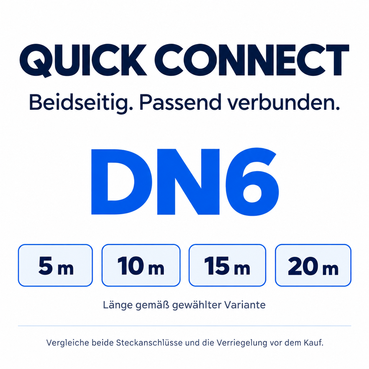 Quick Connect beidseitig, DN6: verfügbare Längen 5, 10, 15 oder 20 m. Beide Steckanschlüsse und die Verriegelung vor dem Kauf vergleichen.