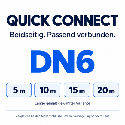 Quick Connect beidseitig, DN6: verfügbare Längen 5, 10, 15 oder 20 m. Beide Steckanschlüsse und die Verriegelung vor dem Kauf vergleichen.